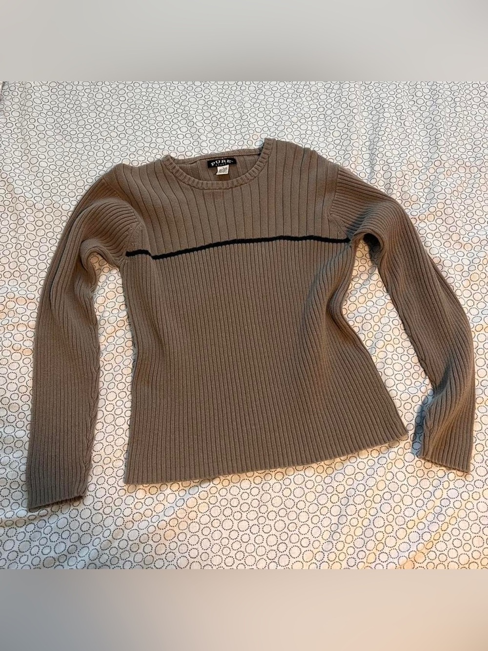Ribbed Crewneck Sweater with Contrasting Stripe - Taupe